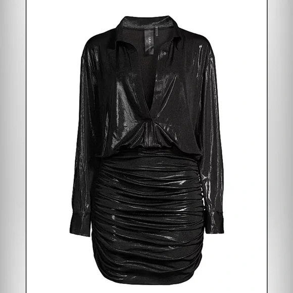 Norma Kamali Black Boyfriend shirtdress Plunge Ruched Mini Dress - Picture 4 of 8